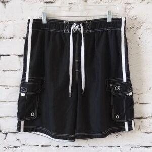 OP Mens Black White Board Shorts Surf Skate Cargo Swim Trunks Large